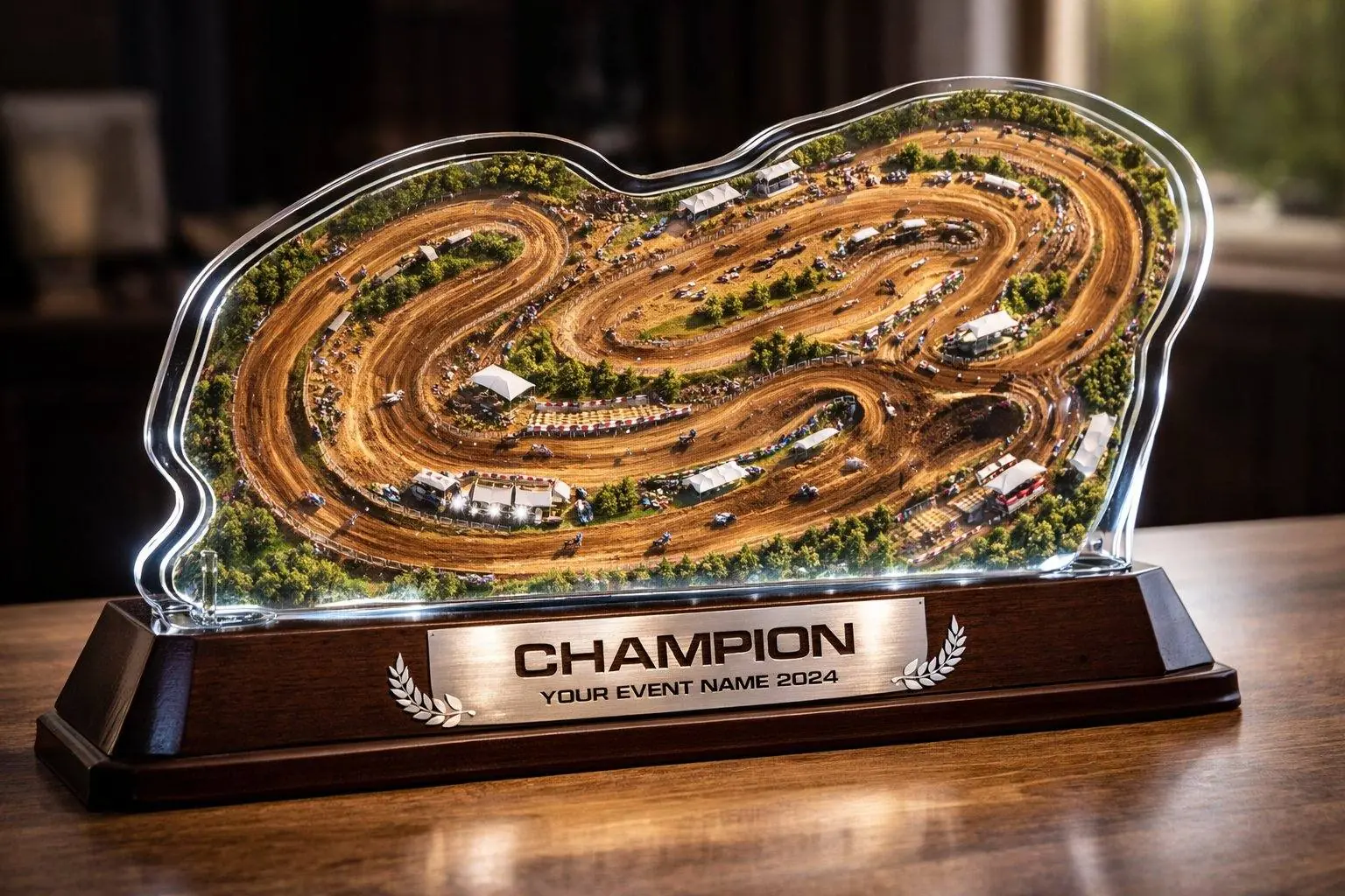 Acrylic award laser-cut to a motocross track outline with an aerial track view, on a dark wood base