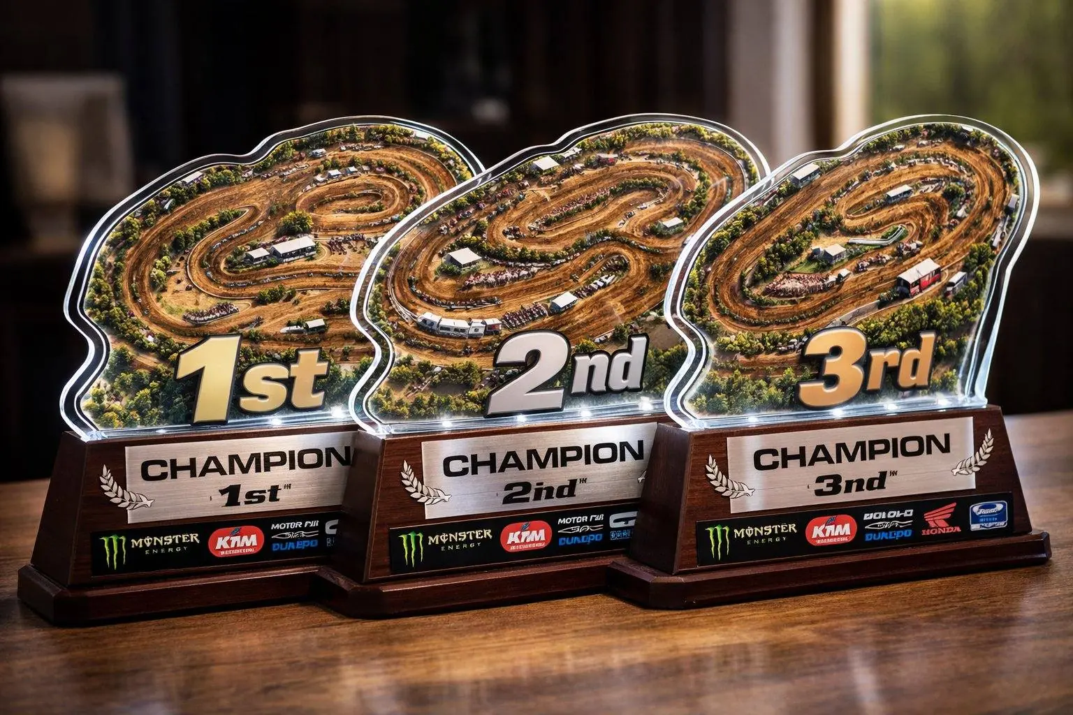 ChatGPT Image Mar 27, 2026, 05_00_17 PM Three track-shaped acrylic motocross awards for 1st, 2nd and 3rd on wood bases with Champion plates